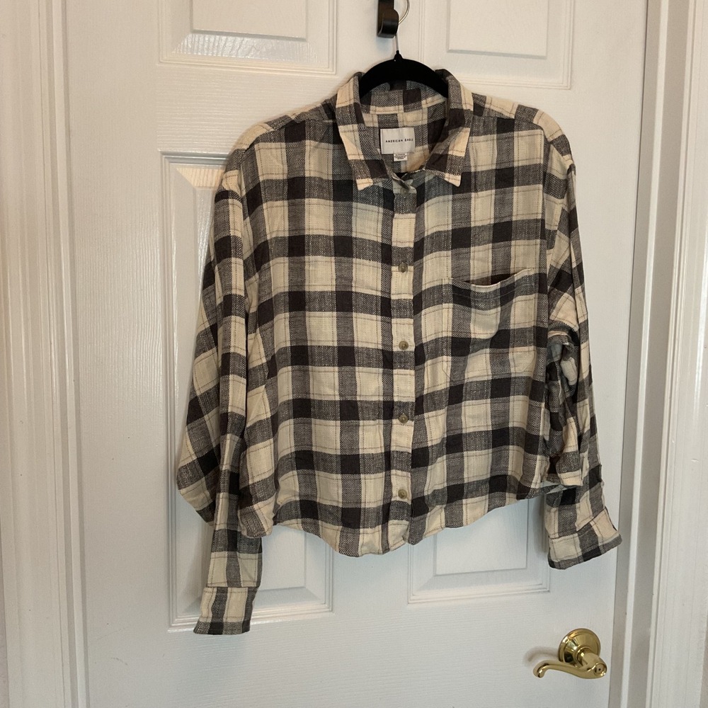 American Eagle Black Cream Buffalo Plaid Cropped Flannel Shirt XL 2125614974
